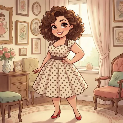 Curvy Pin-Up Woman with Brown Eyes and Curly Hair