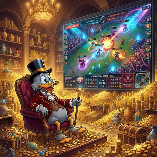 Glimmering Gold Coins and Anthropomorphic Duck Tycoon in Stylish Red Jacket