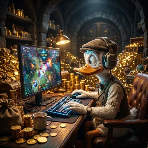 Elderly Duck in Cyber Sporting Room with Golden Coins