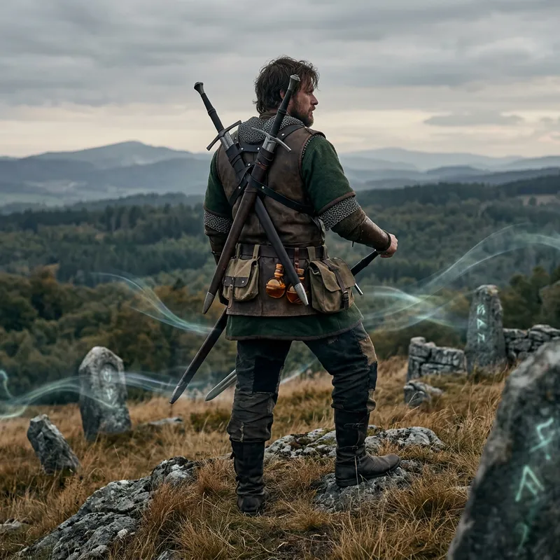 Geralt of Rivia, Medieval Warrior in Earthy Tones - Mystical Saga Illustration