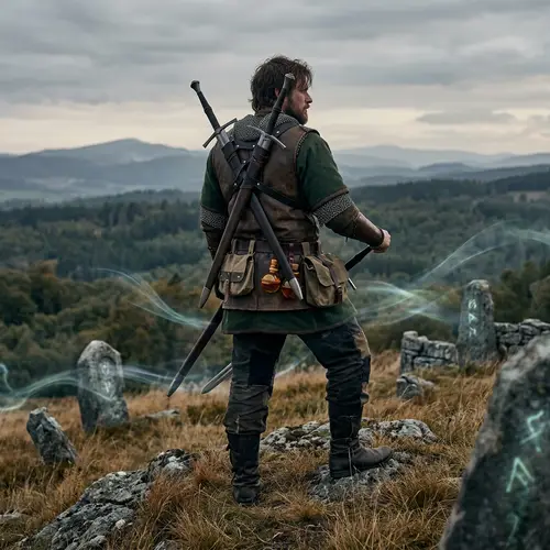 Geralt of Rivia, Medieval Warrior in Earthy Tones - The Witcher World