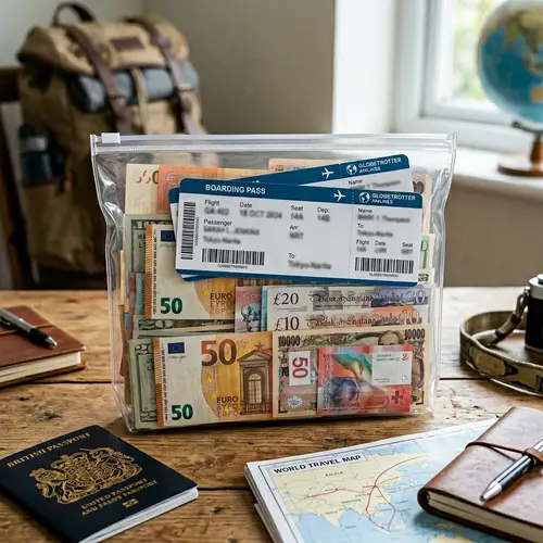 Transparent Bag Full of Money & Airline Tickets