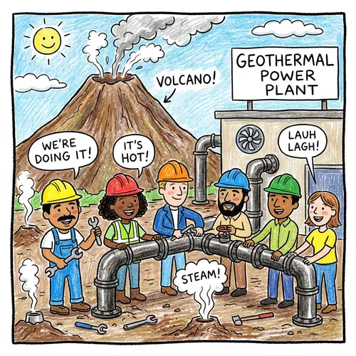 Diverse Workers Building Geothermal Power Plant Near Volcano