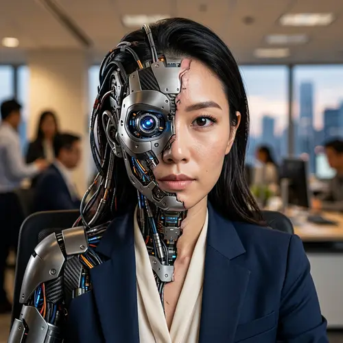 East Asian Businesswoman Synthesizing with Robot - Artwork