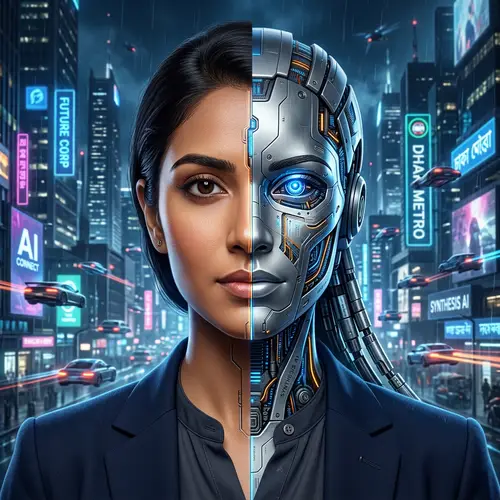 Futuristic Human-AI Profile Picture in Ultra-Modern City