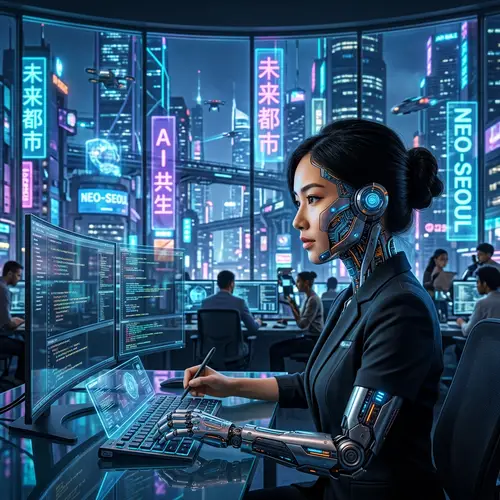 Asian Woman & AI Robotics in Futuristic Urban Metropolis