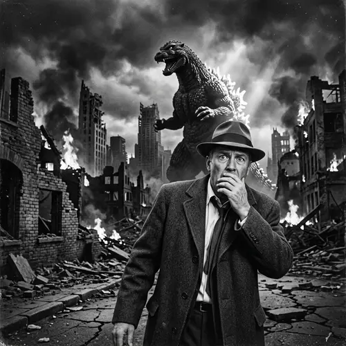 Terrified Oppenheimer Faces Godzilla in Apocalyptic City