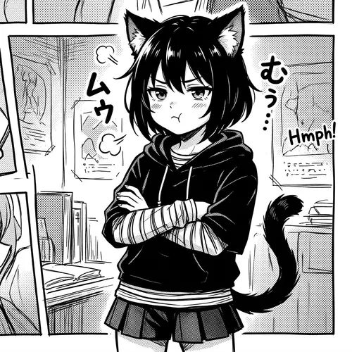 Black and White Manga Drawing of Catgirl with Black Hair and Pouty Expression