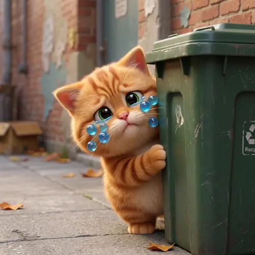 Adorable Ginger Kitten Behind Garbage Bin | Playful 3D Cartoon Cat