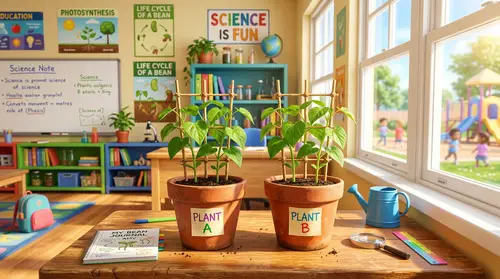 Bright Science Classroom with Green Bean Plants