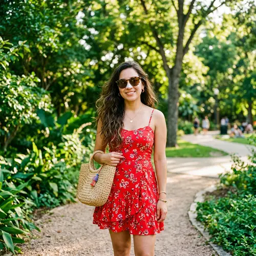 Stylish Hispanic Woman in Red Summer Dress | Sun Protection