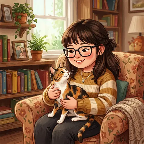 Plump Asian Girl with Square Glasses and Calico Cat