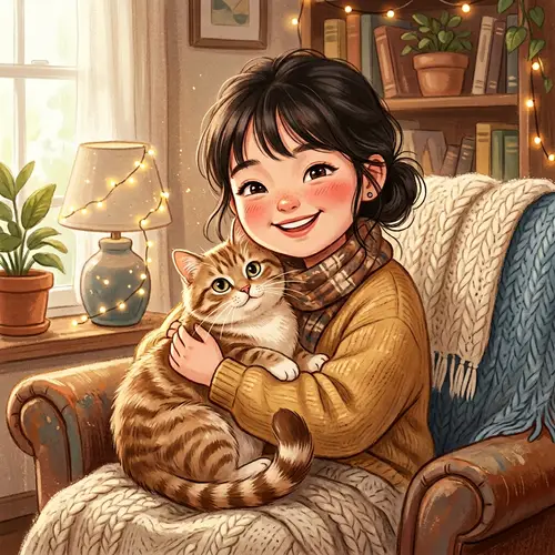 Adorable Asian Girl with Pet Cat | Heartwarming Illustration
