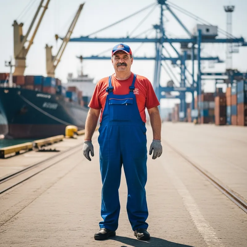 Friendly Dock Worker in Blue Overalls