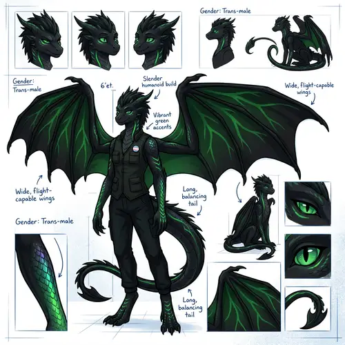 Black-Green Trans-Male Dragon Reference Sheet