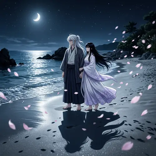 Inuyasha and Kikyo at the Beach: Serene Moonlit Scene