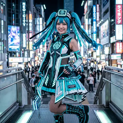 Futuristic Teal Blue Hair Woman in Electronic-themed Dress