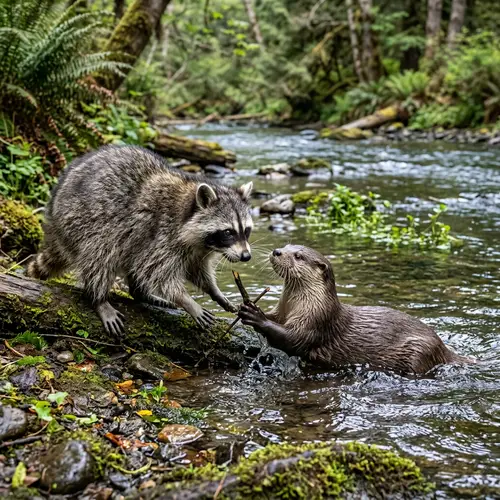 Friendly Raccoon and Otter Interaction in Natural Habitat