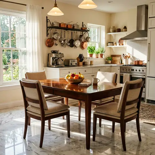 Gourmet Kitchen Interior: Wood Table & Marble Floors