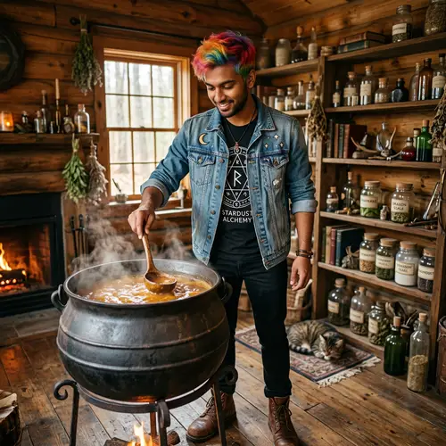Rainbow-Haired Wizard Stirring Cauldron | Magical Scene