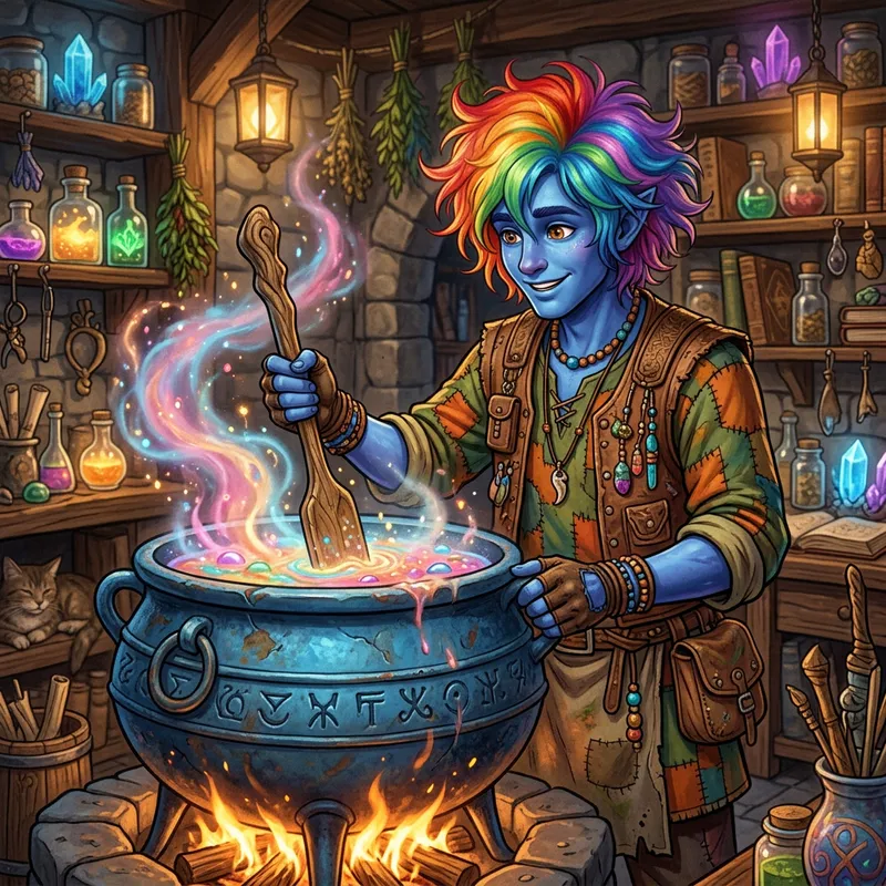 Friendly Blue Character Stirring a Vibrant Cauldron
