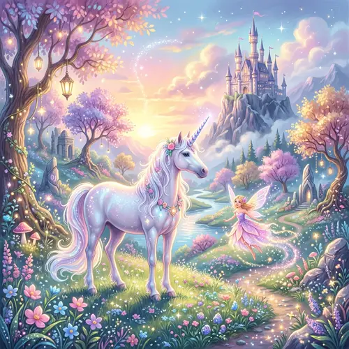 Whimsical Fairy Tale Landscape with Unicorn and Castle