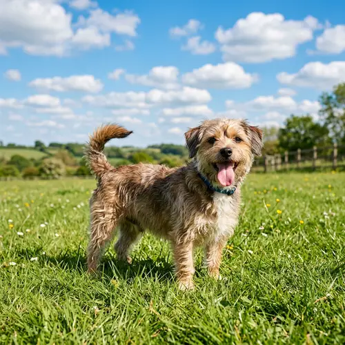 Playful Small Mixed Breed Dog on Grassy Field
