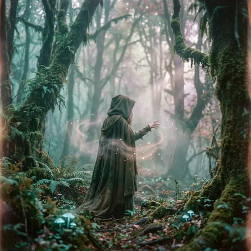 Mysterious Figure in a Foggy Forest - Enchanting Art