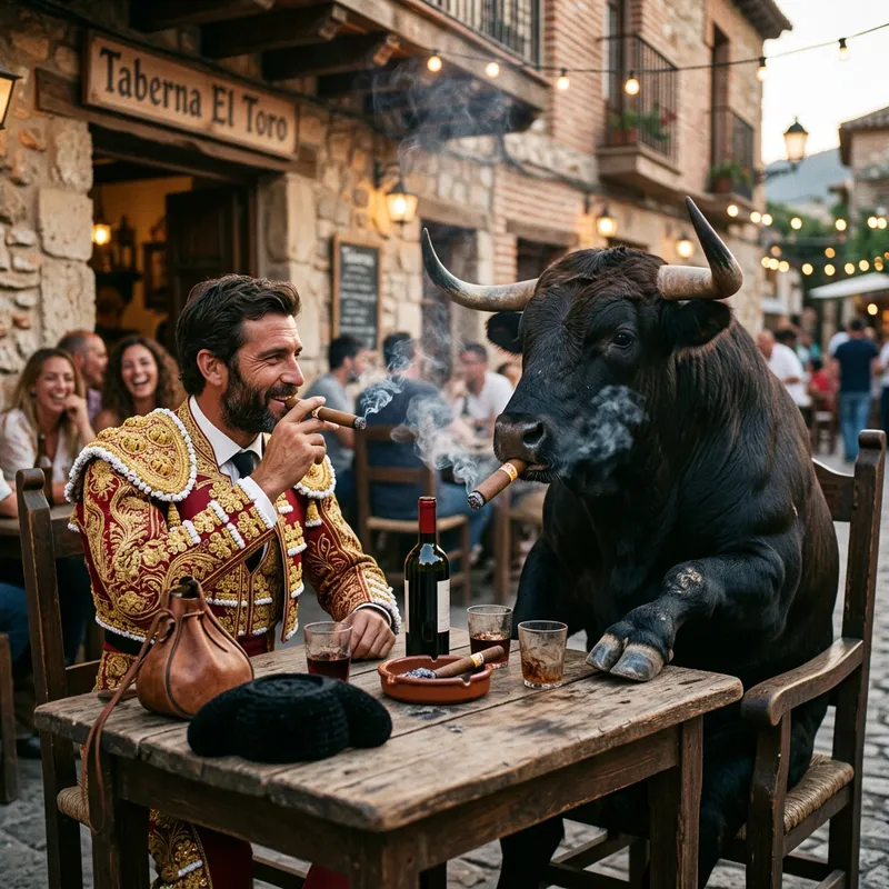Matador and Bull Smoking Cigars at Table