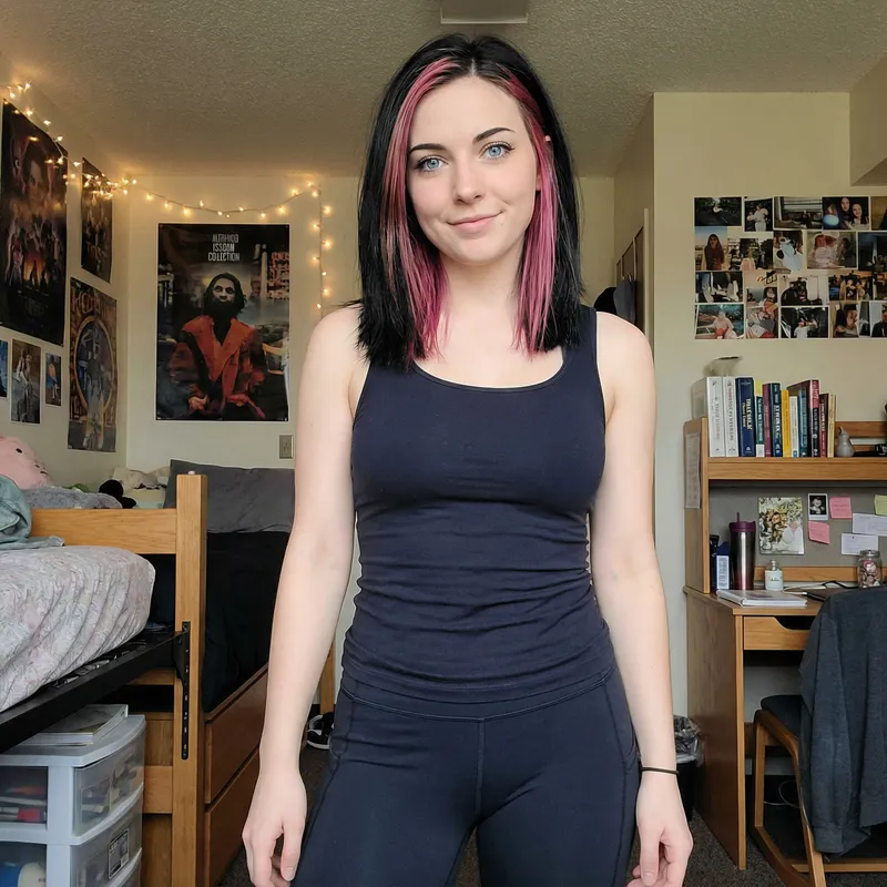 Trendy College Girl with Pink Streaks and Curvy Style