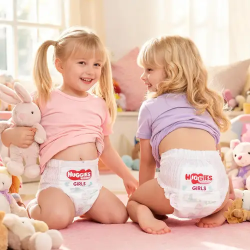 Blonde Baby Girls in Soft Huggies Diapers