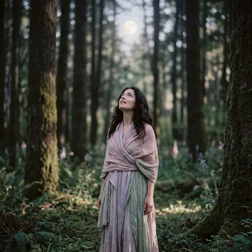 Dreamy Vintage Film Camera Scene of Mysterious Woman in Moonlit Forest