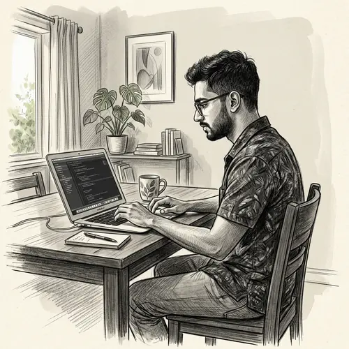 Detailed Sketch of South Asian Man Working on Laptop