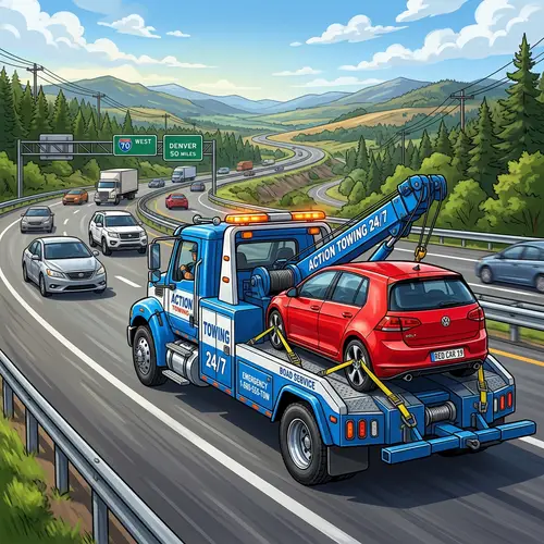 Tow Truck Transporting a Car on the Highway