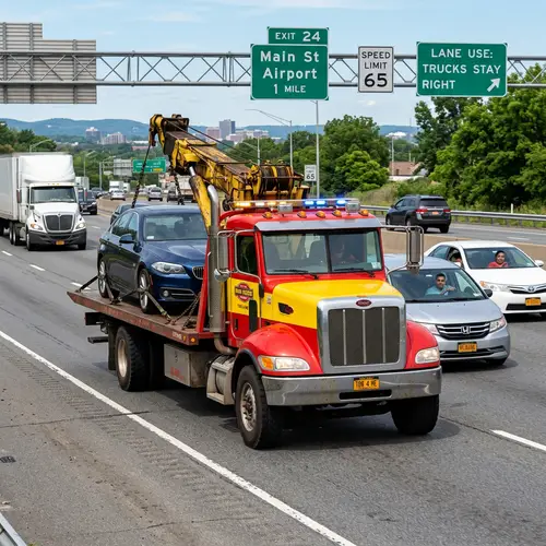 Reliable Tow Truck Transporting Cars on Highway