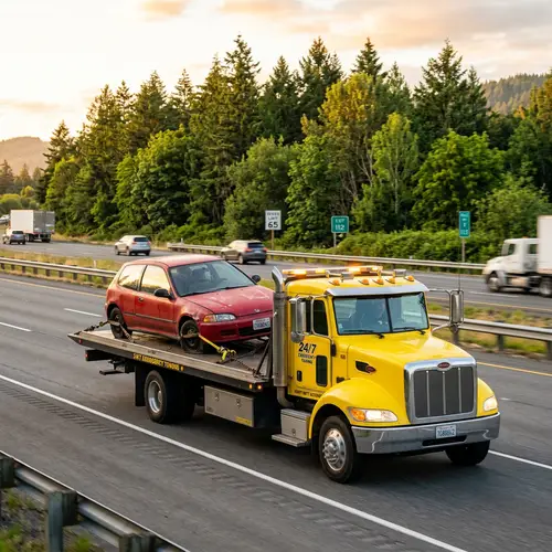 Tow Truck Transporting Car on Highway - Fast Service