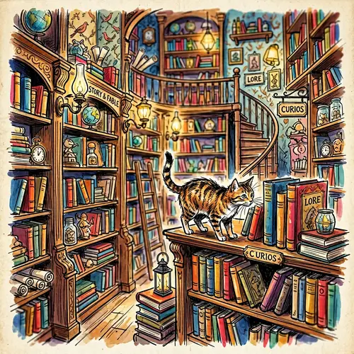 Whimsical High-Saturation Library Scene with Inquisitive Feline