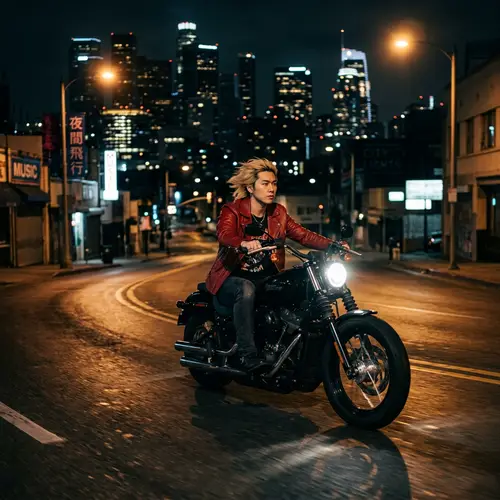 Blonde Asian Male Pop Singer Riding Motorcycle at Night