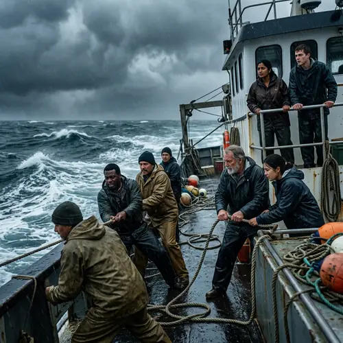 Stormy Sea Vessel Scene: Crew in Unity Against Adversity