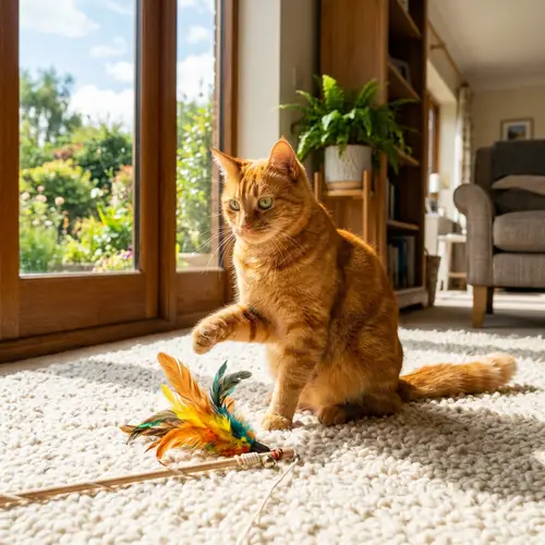 Vibrant Orange Domestic Short-Haired Cat Playing on Plush Carpet