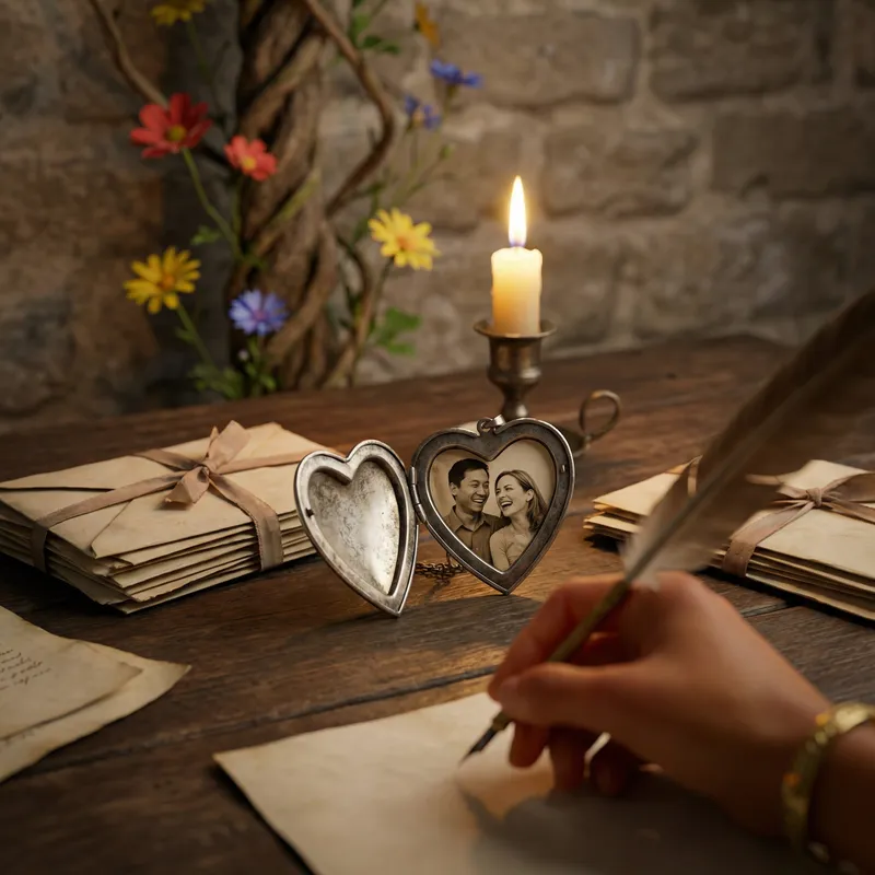 Representative Images of Love: Heart-Shaped Locket on Antique Table