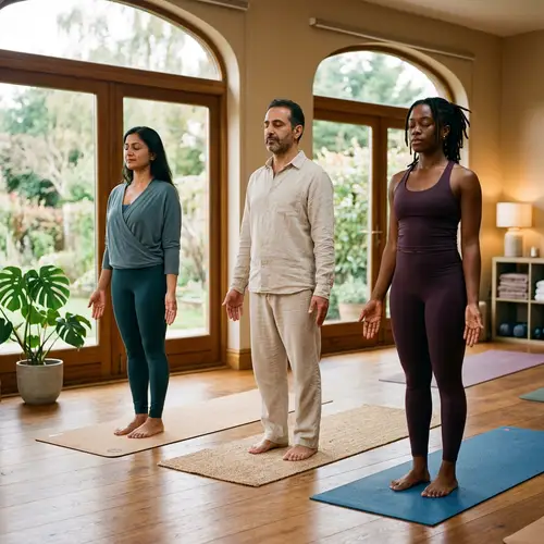 Diverse Group Practicing Mountain Pose for Serenity and Balance