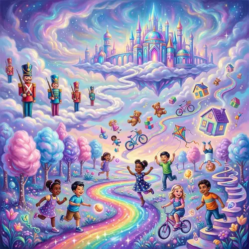 Surrealistic Oil Painting of Diverse Children Playing in Dreamlike World