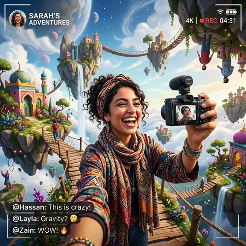 Playful Vlog Style: Middle Eastern Woman Vlogging in Quirky Setting