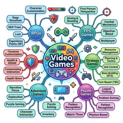 Detailed Video Game Mind Map: RPGs, FPS, Strategy, Adventure, Puzzle Games
