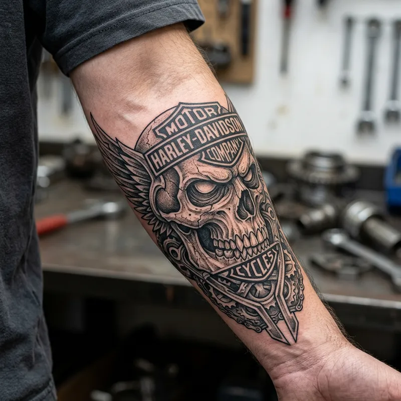 Skull and Harley Davidson Forearm Tattoo Design