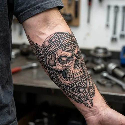Skull and Harley Davidson Logo Forearm Tattoo Design