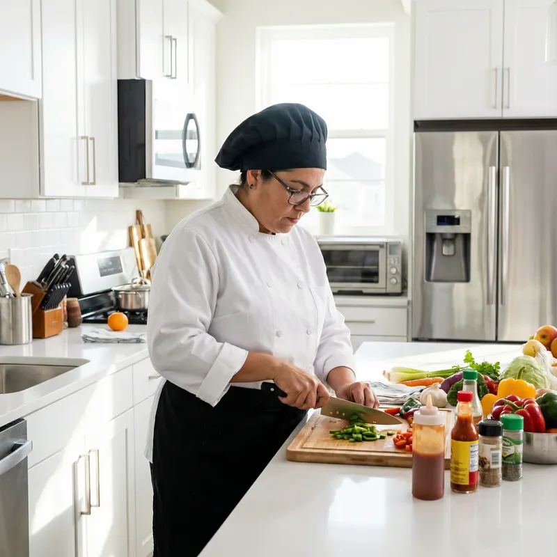 Hispanic Female Chef Cooking Fresh Vegetables in Modern Kitchen