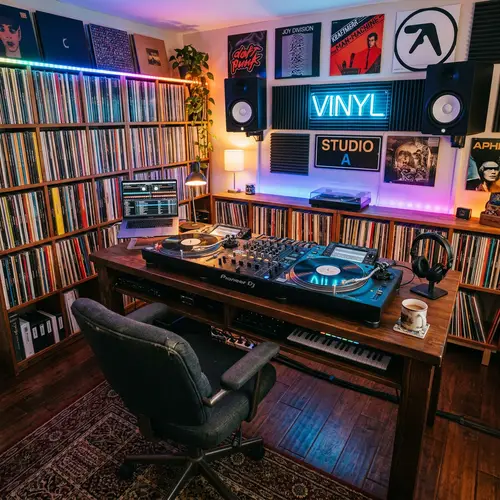 Simple DJ Studio Interior | Vinyl Records, Mixer, Turntables
