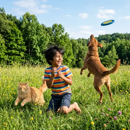 Joyful Interaction in Open Meadow: Boy, Cat & Dog Playing